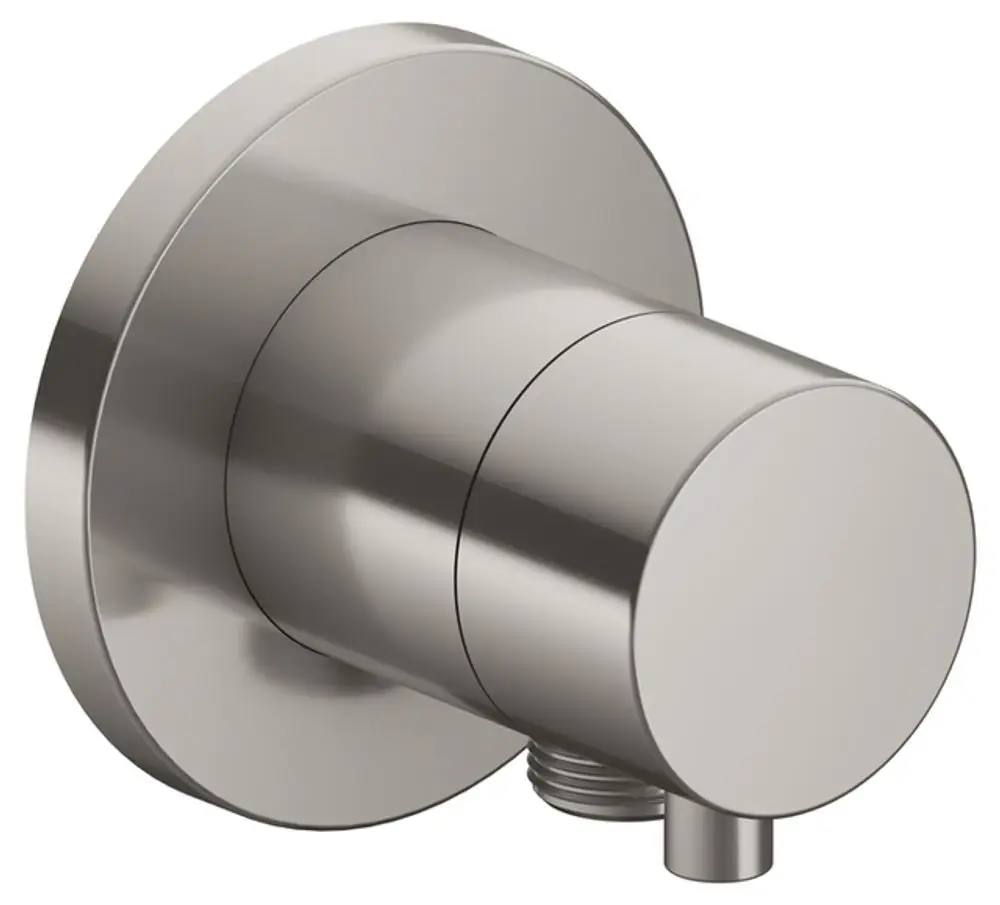 Rundes Umstellventil aus Nickel mit Schlauchanschluss von Keuco, montiert an einer Wand.